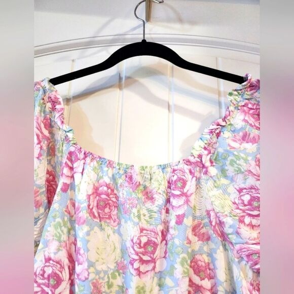Almost Famous Women's Junior Blouse, Large, Puff Sleeve Pastel Rose Pink Blue - Picture 5 of 16